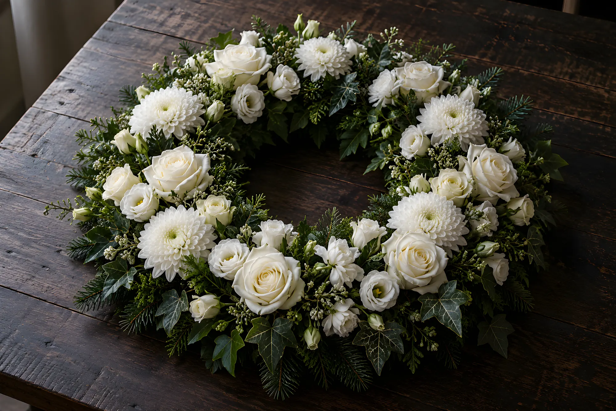 Runder Kranz aus weißen Rosen, Chrysanthemen und dunklem Grün auf einem dunklen Holztisch