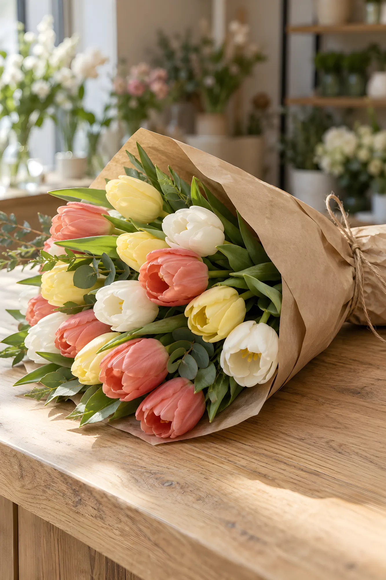 Locker gebundener Tulpenstrauß in Koralle, Hellgelb und Weiß in Packpapier auf einem Ladentisch