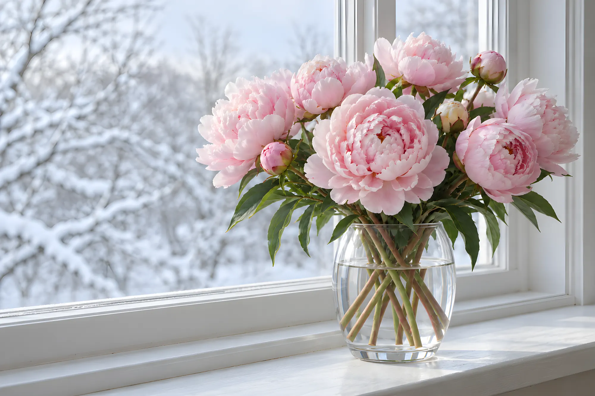 Zartrosa Pfingstrosen in einer Glasvase auf einem Fensterbrett, draußen verschneite Bäume